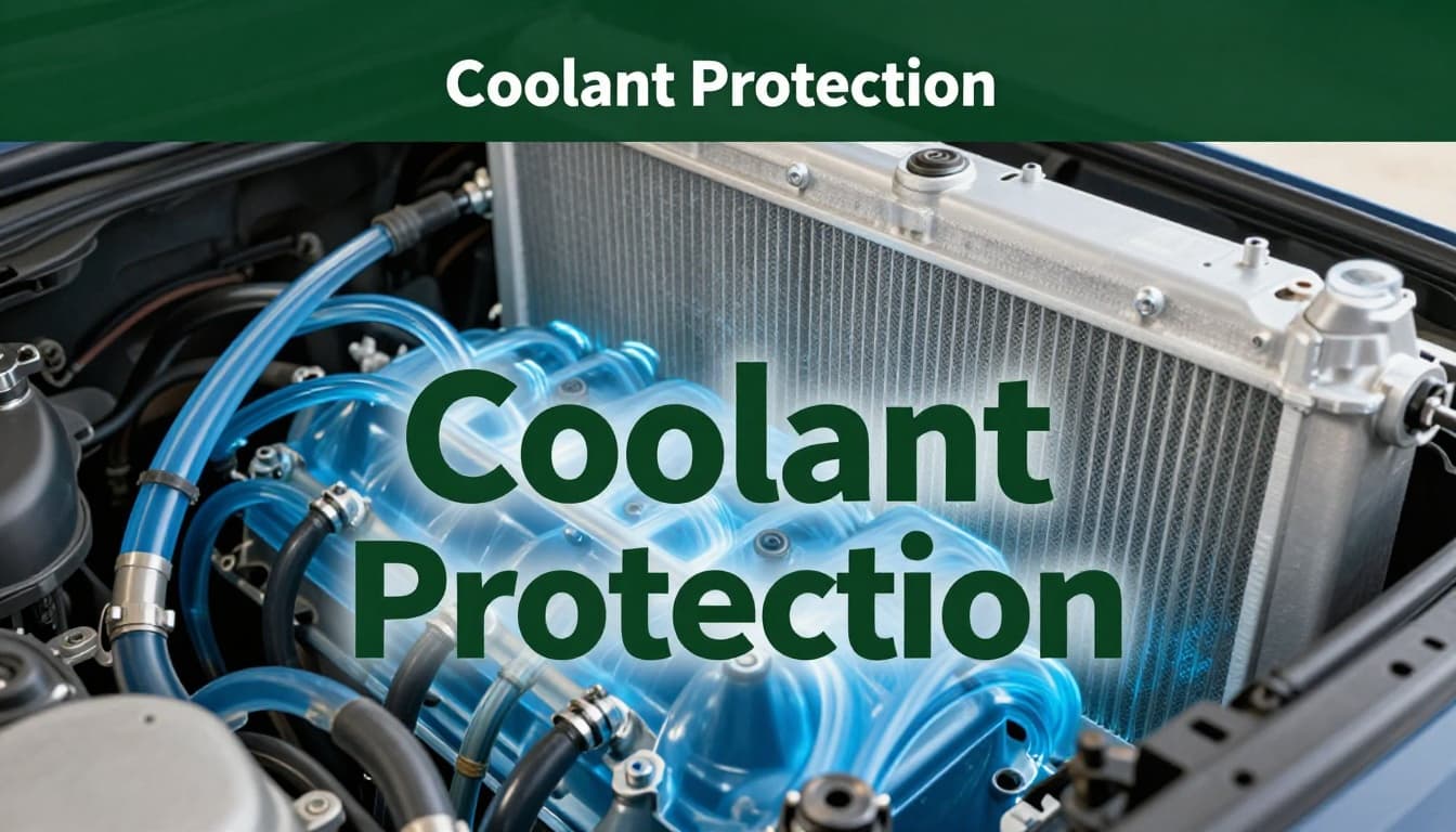 Close-up of detailed car engine block and radiator in sunny garage with glowing blue coolant circulating through hoses, absorbing engine heat and releasing to radiator fins.